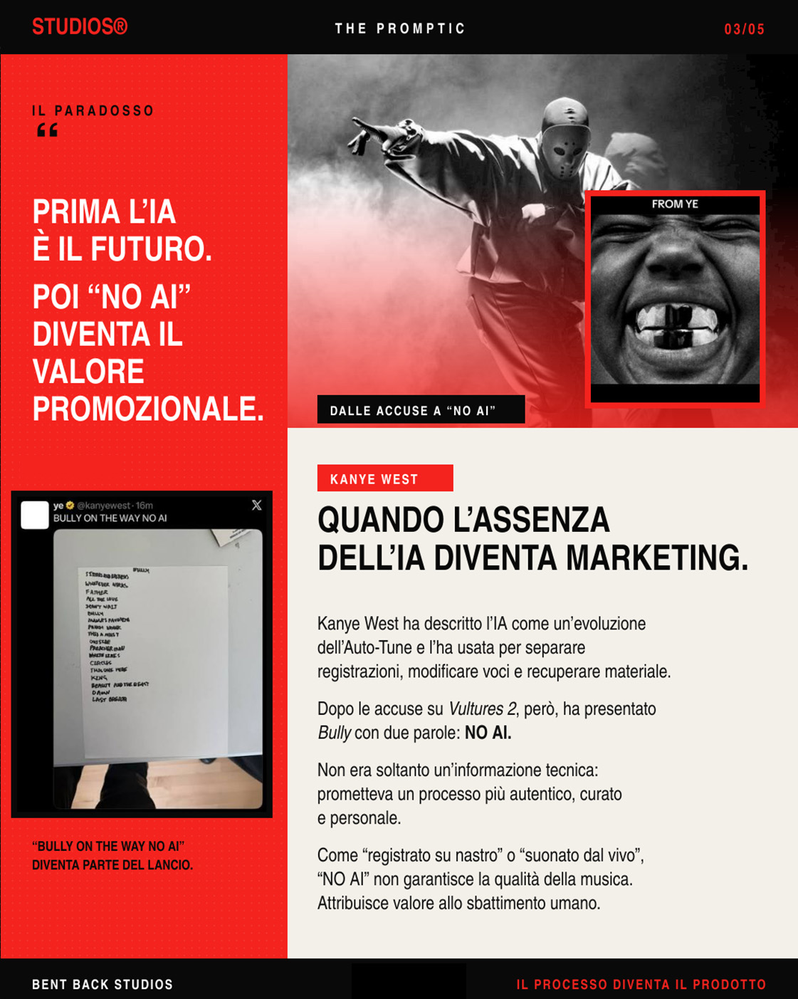Slide editoriale su Kanye West, Vultures 2 e il messaggio NO AI per Bully