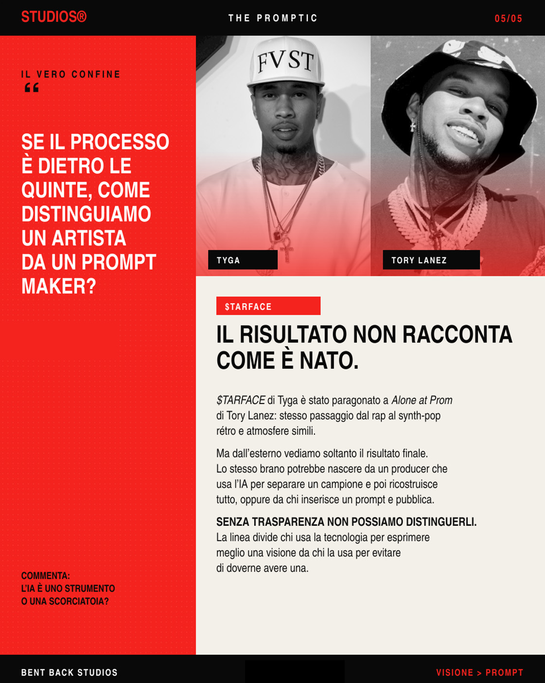 Slide editoriale su Tyga, Tory Lanez e la trasparenza nell’uso dell’IA